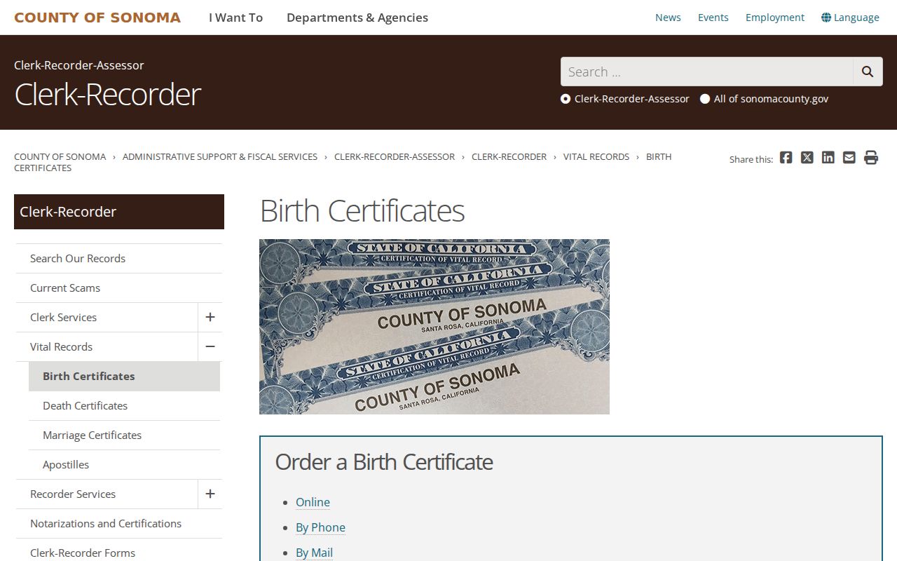 Santa Rosa residents directory Sonoma County birth certificate access