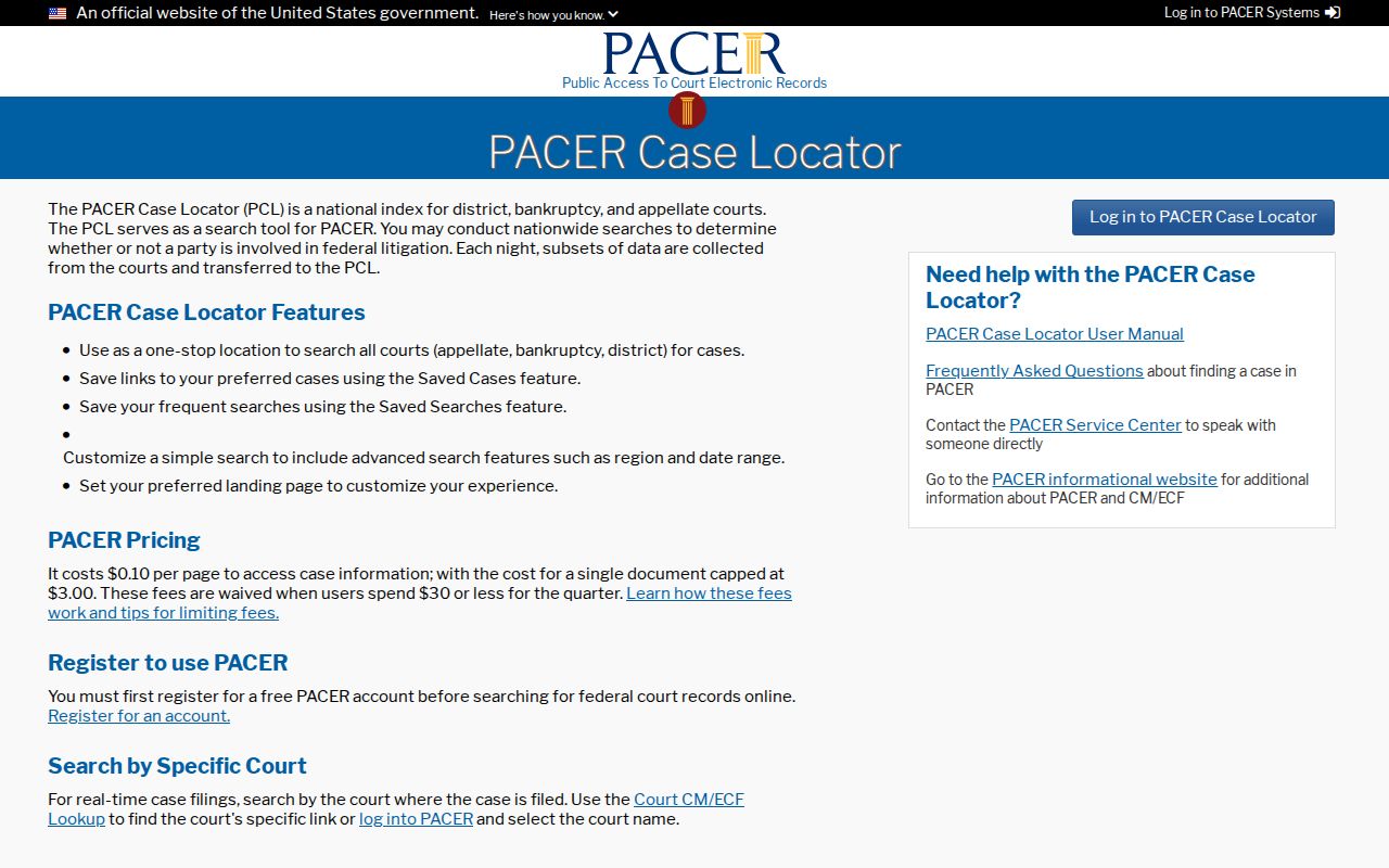 Santa Rosa resident lookup view of the PACER Case Locator