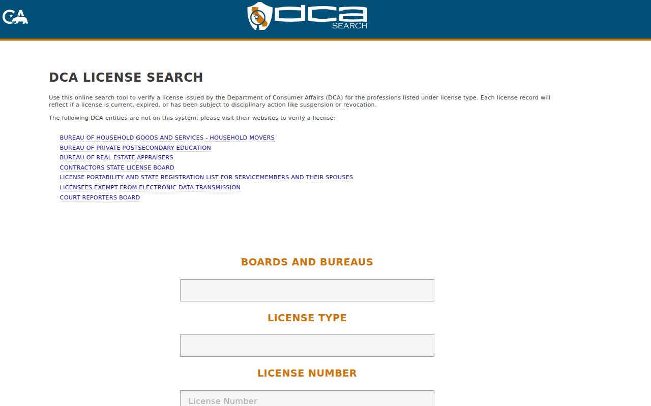 Santa Rosa resident lookup view of the California DCA license search