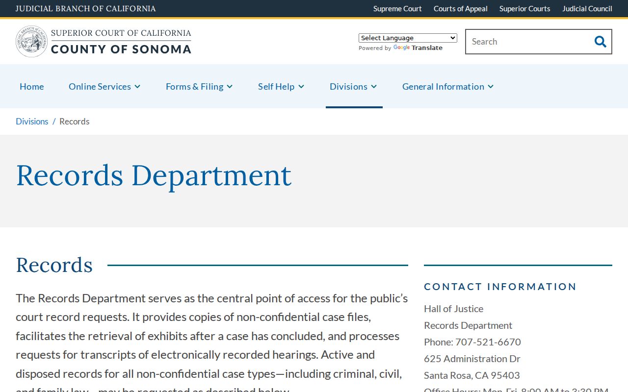 Santa Rosa resident lookup view of Sonoma Superior Court records request information