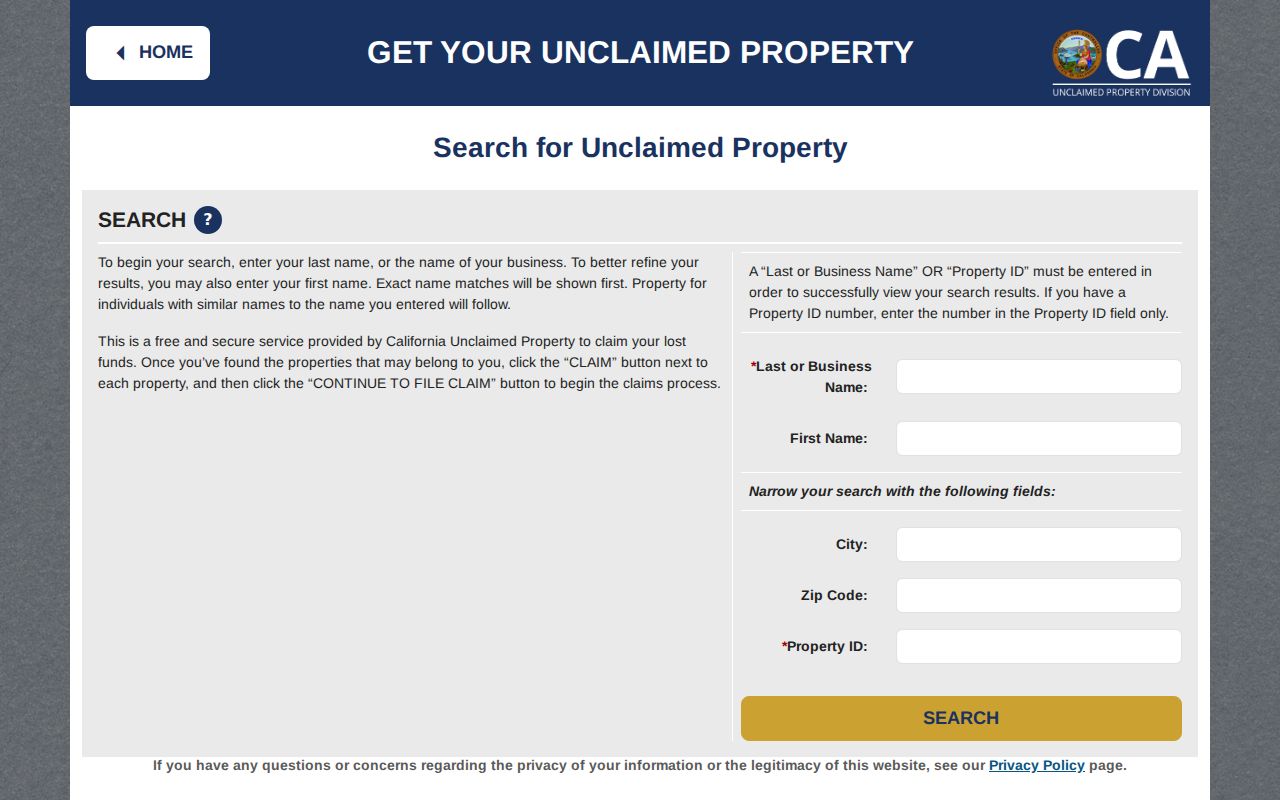 Santa Rosa ZIP code directory view of California unclaimed property search