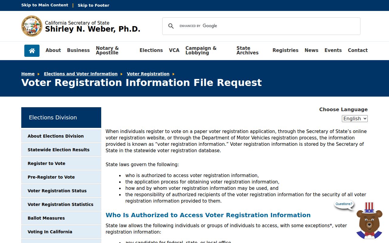 Santa Rosa ZIP code directory view of California voter-file request instructions